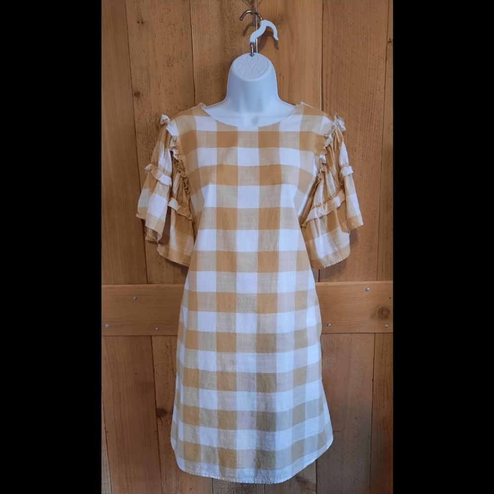 Tan Gingham Dress with Ruffle Sleeve